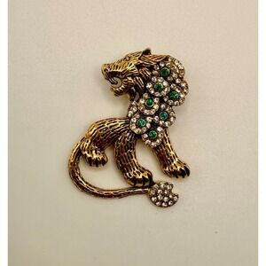 Lion Brooch Pin Gold Tone Metal Clear Emerald Green Rhinestone Statement Animal
